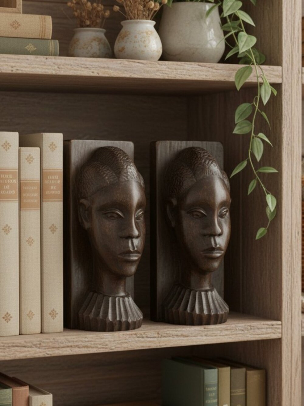 African Hand Carved Head Wood Bookends Solid Sese Mahogany Tribal Folk Art Vtg